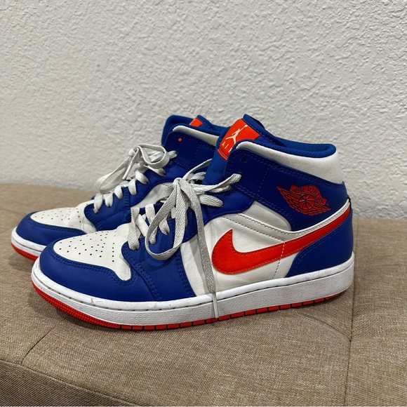 Nike Air Jordan 1 Mid “Knicks” Blue and Orange Sneakers - Picture 2 of 8
